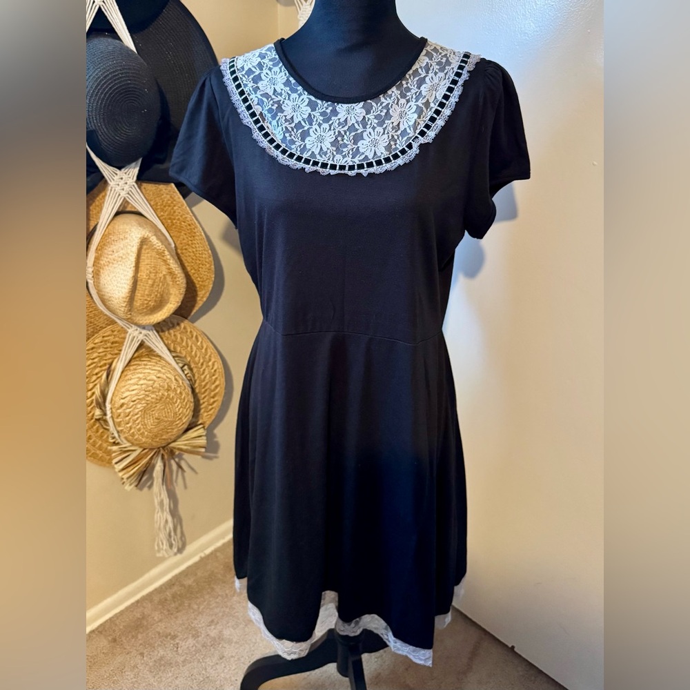 Goth Black Knit Dress with Lace Bib Collar and Short Gathered Sleeves